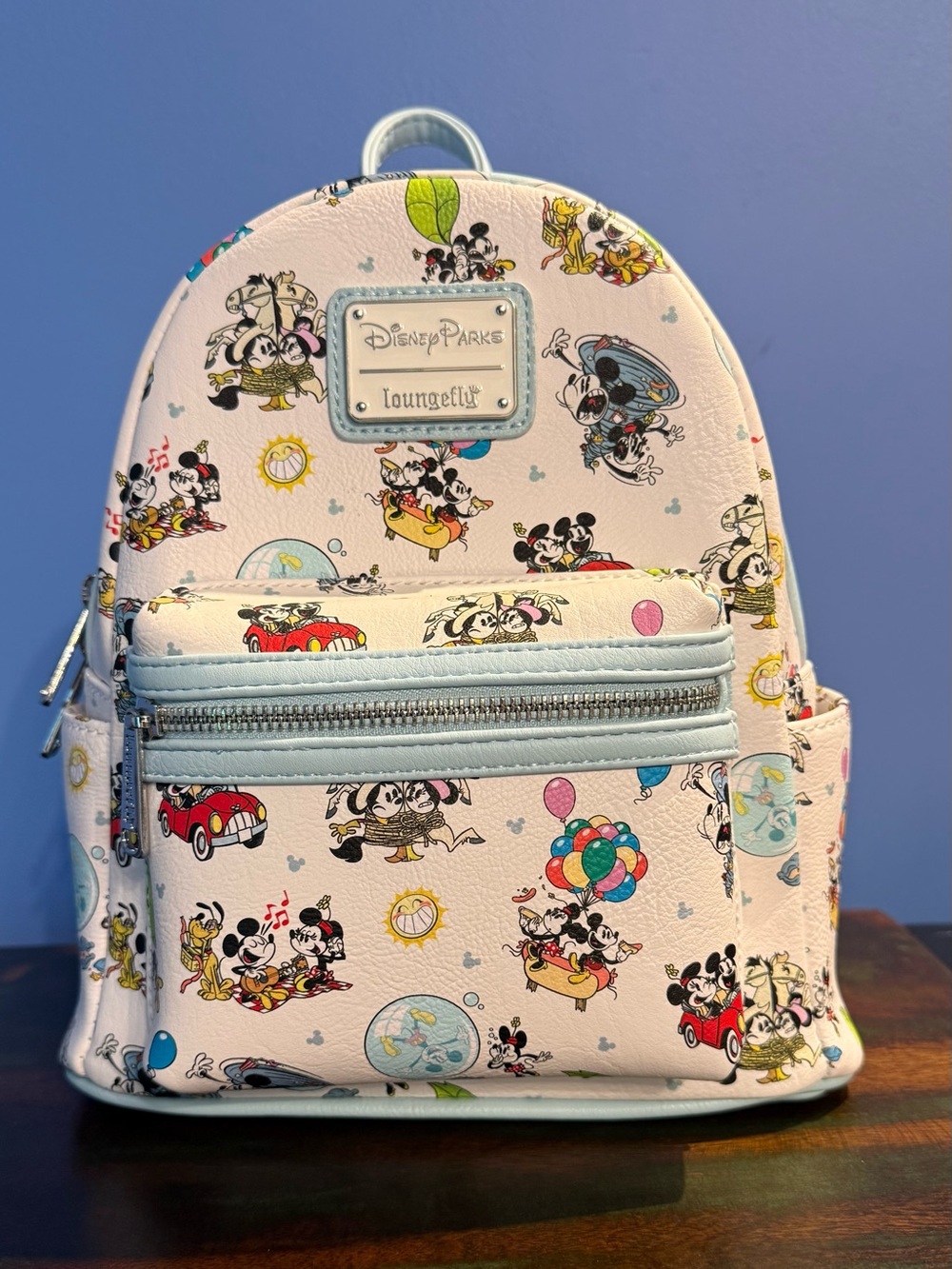 Disney Parks Loungefly White Mickey & Friends Mini Backpack with Blue Trim